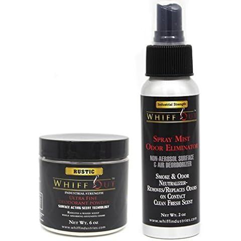 Whiff Out 6oz Rustic Deodorant Powder & 2 oz Classic Spray Mist Bundle- Oil Color and Aerosol Free Spray Eliminate Stale Smoke Aroma On Clothing and Ashtray Cover