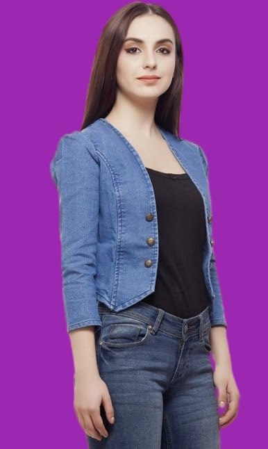Image of Women's Denim Jacket, Blue, 3 /4 Sleeve, Button Front, Casual Blazer Style