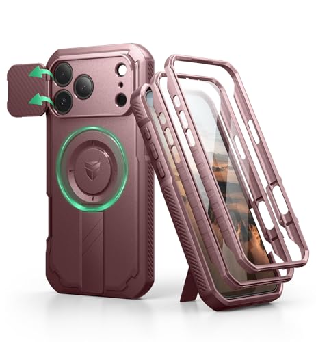Image of Dexnor for iPhone 17 Pro Max Case, [2 Front Frame & Built-in Flip Camera Cover & Kickstand], Compatible Wireless Charging, Heavy-Duty Portection Case with Screen Protector, 6.9 inch Maroon Red