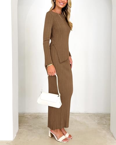 PRETTYGARDEN Women 2 Piece Outfits Long Sleeve Asymmetric Slit Hem Tops Midi Bodycon Skirt Sets Lounge Knit Sweater Set3