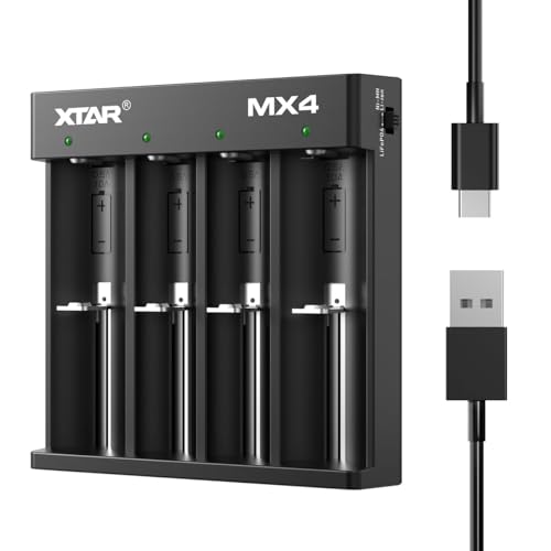 XTAR MX4 Chargeur de batterie universel pour AA/AAA – Chargeur intelligent pour batteries rechargeables 1,5 V Li-ion, 3,7 V Li-ion, 3,2 V LiFePO4 et 1,2 V Ni-MH avec détection automatique, USB-C