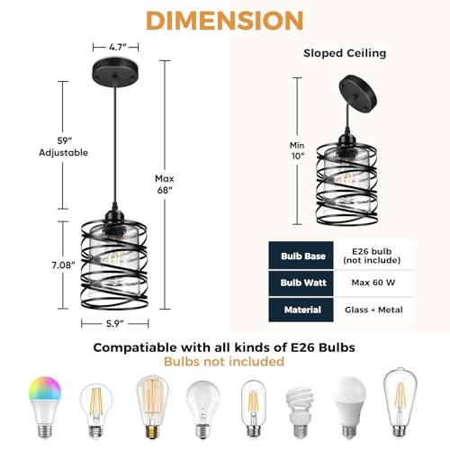 Pendant Lights 3 Pack Kitchen Lights with Bubble Seeded Glass Island Lights Black Hanging Light for Kitchen, Dining Room, Bathroom, Entryway, Restaurant - Image 3