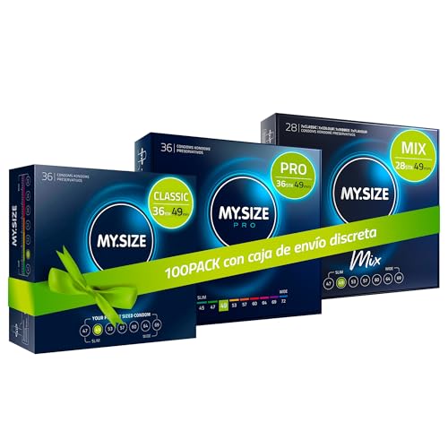 MY.SIZE 100 Preservativos 49 mm Megaset Classic+Mix+Pro | Tamaño 1 | Paquete económico de 100 unidades | Preservativo Premium extrafino | Sensible muy fino | Pared fina | Preservativos veganos