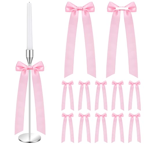 Teenyyou 12 Pcs Pink Candlestick Bows Decor 13 Inch Large Coquette Decorations Bows for Table Self Adhesive Candle Holder Gift Wrapping Wedding Bridal Shower Bachelorette Party Centerpieces