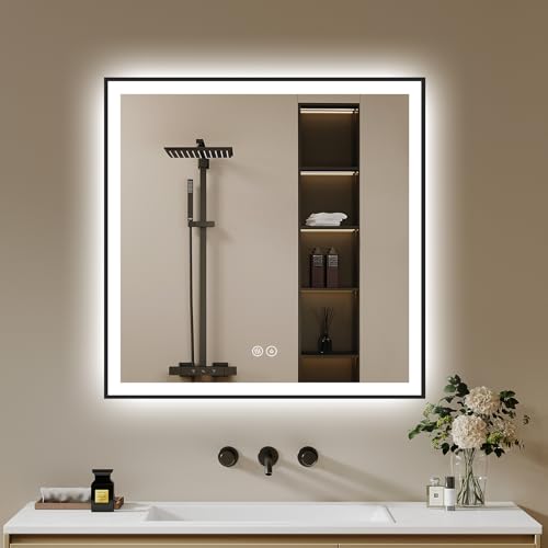 Badspiegel-mit-Beleuchtung 60x60cm - Badezimmerspiegel LED Badezimmer Spiegel mit Beleuchtung - Beschlagfrei, Dimmbar, 3 Lichtfarben, Wandspiegel Led-Spiegel-Bad Metallrahmen Horizontal/Vertikal