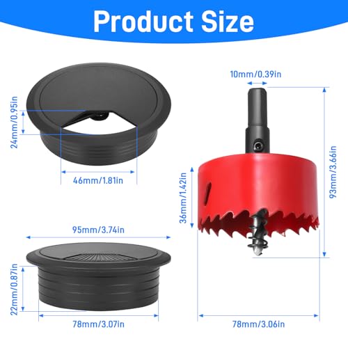 Hejo 10 Stück Schreibtisch Kabeldurchführung, 80mm Kabeldurchlass mit 1 Lochsäge, Kabeldurchführung Tisch Rund für Tisch Büro Arbeitsplatten, Schwarz