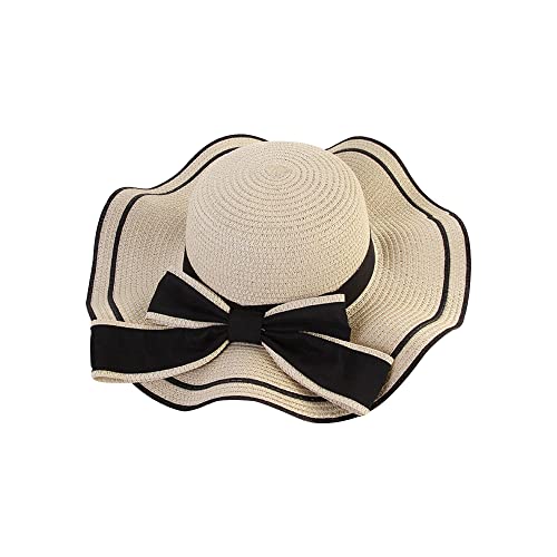 Women's Wide Brim Straw Hat, Summer Beach Sun Protection Hat with Bowknot (Beige)