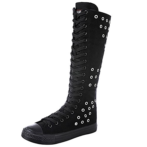 zpllsbrartos Bottes Toile Au-Dessus du Genou Femme Lacet Plate Grande Taille 40 41 42 43(Noir 02,39) Cover