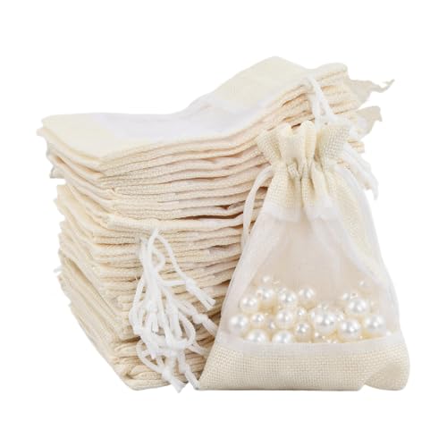 30 Sachets en Organza avec Bas en Toile de Jute 10x14cm, Pochettes Cadeau Réutilisables pour Bijoux, Mariage et Artisanat, Pochon Tissu avec Cordon de Serrage