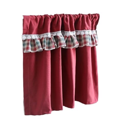 WDSBZNB Cortinas Cortas Cortinas Cortas Retro de Lino y algodón con Estampado celosía roja, Estilo rústico, Volantes, for salón o Cocina(1PC W130XH50CM)