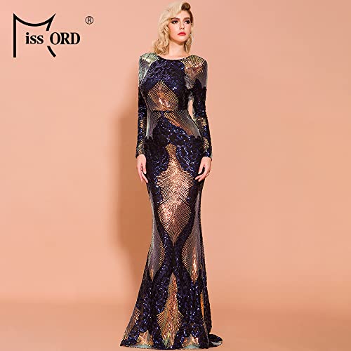 Miss Ord Women's Elegant Long Sleeve Backless Sequin Prom Dress, Floor-Length Mermaid Maxi Gown Multicolored #TOP5