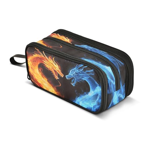 Image of Two Dragon with Fire Pencil Case 3 Compartment Pen Bag Pouch Holder Box School Portable Stationery Storage Bag for Girls Boys