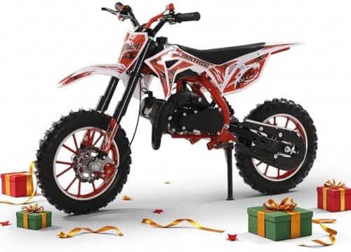 49cc Kids Dirt Bike, Mini Dirt Bike Gas Powered Off-Road Trail Bike, 2-Stroke Mini Motorcycle for Kids and Adults with Front and Rear Disc Brakes, Max Speed 40KM/H (Red)