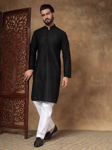 Image of Men's Solid Regular Fit Ethnic Wear White Kurta Pajama Set with Front Pocket