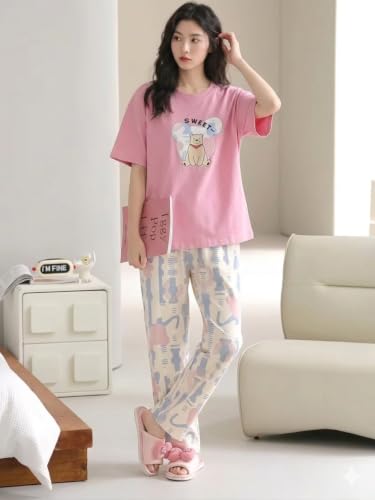 Image of Women's Korean Style Looper Fabric Nightsuit Set | Cute Print Half Sleeve T-Shirt & Pajama Set | Soft Comfortable Nightwear & Loungewear for Women