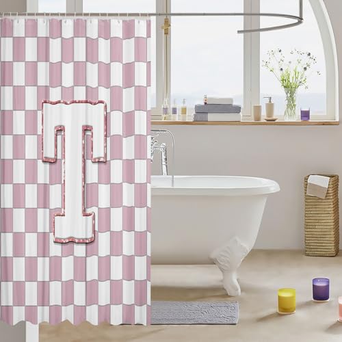 Image of Erosebridal Pink Initial T Shower Curtain 72 inch Wx72 L Kawaii Plaid Checkered Bathroom Curtain Cute Personalized Monogram Bathroom Accessories for Kids Girls,Fashion Grids Gingham Shower Decor