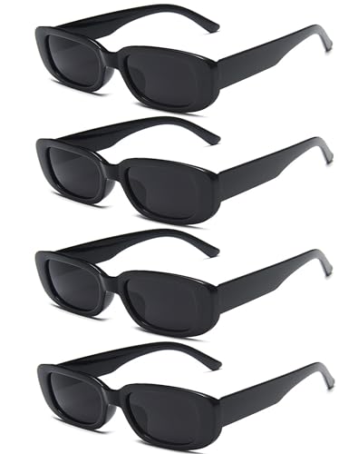 Unning 4 Stück Schwarze Vintage Rechteckige Sonnenbrille Damen 90er Retro Sonnenbrillen Set Trendy Brille für Damen