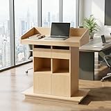 Podium Stand Wooden Podium Stand with Wheels Mobile Wood Lecterns Podiums with Storage Pulpits for Churches Podium Stand Podium Portable Suitable for Schools, Conference Rooms (Natural Wood Color)