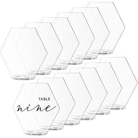12 Pack Clear Hexagon Acrylic Sign with Stand- 5.5 Inch Blank Clear Acrylic Hexagon Sheets with Clear Base, DIY Clear Acrylic Sign Table Number for Wedding Party Event Reception (5.5 Inch, Clear) Cover