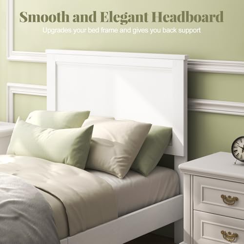 Image of GIANTEX Wood Twin Bed Frames with Headboard, Mid Century Platform Bed Frame with Solid Wood Legs & Wooden Slat Support, Twin Bed Frames for Kids Adults, White Bed
