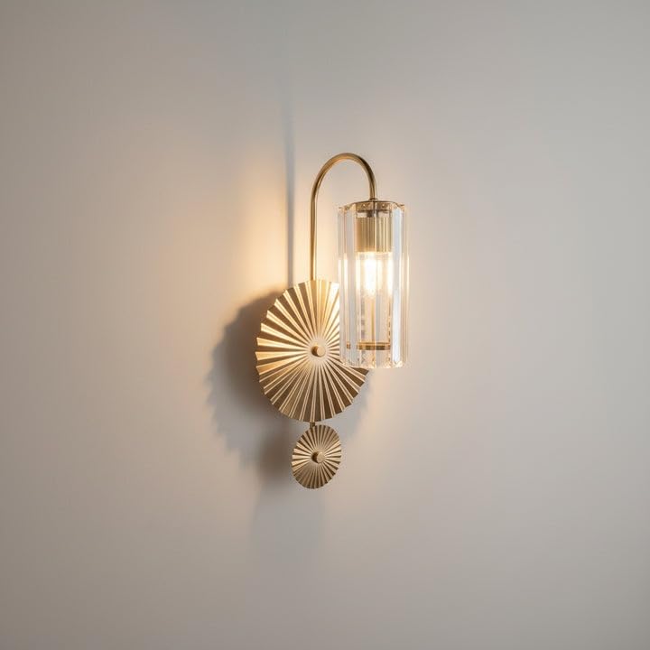 Image of CORAL TREE Luxury Crystal Sunburst Wall Light - Champagne Gold Metal Sconce, Modern Glass Designer Wall Lamp for Living Room, Bedroom & Hallway - E14 Bulb Holder, Elegant Home Decor Lighting