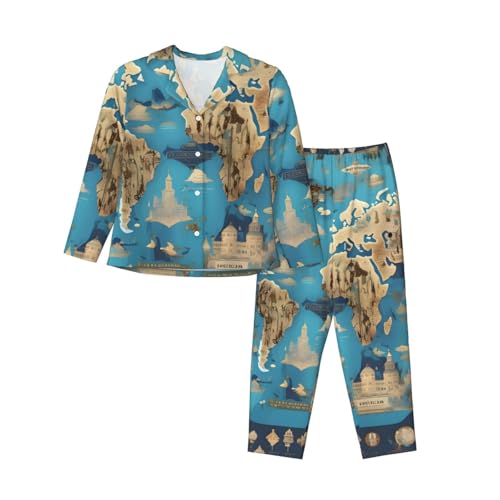 Pyjama 2 pièces carte du monde pour femme ensemble nuit manches longues