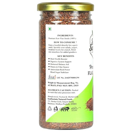 Image of SoulSustain Flax Seeds Raw 250g | Alsi Seeds for Eating, Smoothies, Baking, Weight Management, Fiber Rich, Omega 3 Source, Vegan Superfood, Roasted or Raw Use, Daily Nutrition Seeds for Men Women