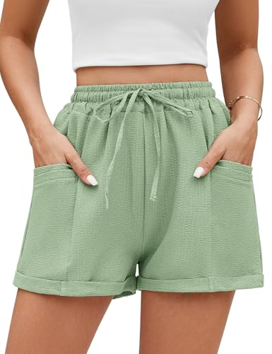 PASUDA Short Femme Décontracté Ete Fluide Grande Taille Elastique Pantalon Court avec Poche Droit Casual Confortable Ample Léger Shorts de Sport avec Cordon (Vert...
