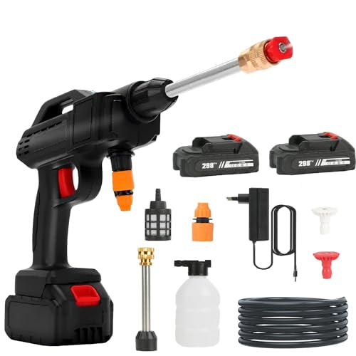 Hidrolimpiadora Bateria, 21V MAX 35Bar Limpiador de Alta Presión Inalámbrico con 2 * 2.0Ah Baterías, Manguera de 5M, Jarra de Espuma, 2 Boquillas, Portátil para Coche, Terraza, Ventana, Piscina