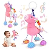 MPQMPQ Car Seat & Stroller Toy for Girl - Musical Sensory Plush with Rattle & Mirror Baby Toys 0-12 Months Hanging Travel Carseat Toys Soft Squeaky Stuffed Animal Unicorn for Babies Gifts