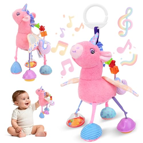 MPQMPQ Car Seat & Stroller Toy for Girl - Musical Sensory Plush with Rattle & Mirror Baby Toys 0-12 Months Hanging Travel Carseat Toys Soft Squeaky Stuffed Animal Unicorn for Babies Gifts