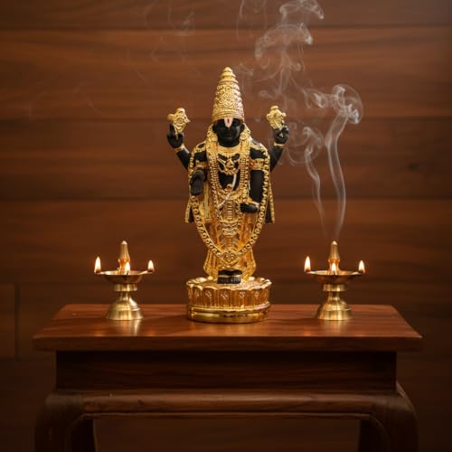 Image of Gold Plated Standing Balaji | Lord Venkateshwara Idol for Car Dashboard,Travel, Office Desk & Home Temple | Prosperity & Protection |Height 4.7 Inch