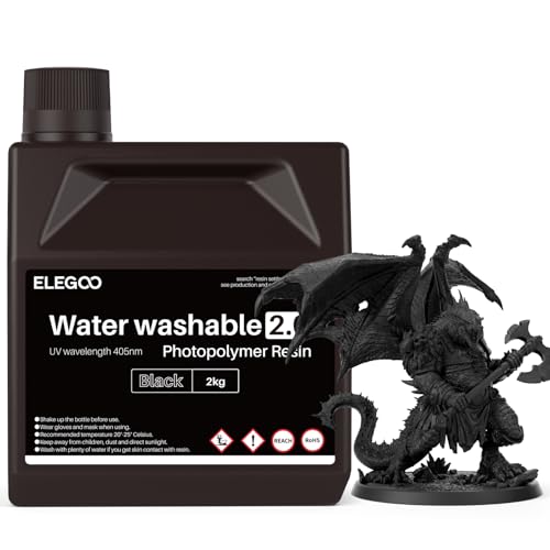 Image of ELEGOO Upgraded Water Washable Resin 2.0, 3D Printer Resin with Low Viscosity and High Precision, 405nm Rapid UV-Curing Photopolymer Resin, 3D Resin for LCD /DLP 3D Printing, Black 2000G