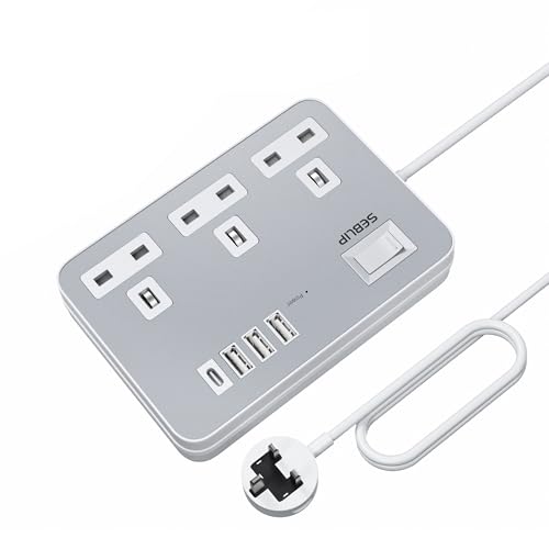 SEBLIP 1m White Extension Lead with USB Sockets, Modern Indoor Extension Cord with Power Switch, 3 Sockets and 4 USB Ports (Silvery White, 100cm/39inch)