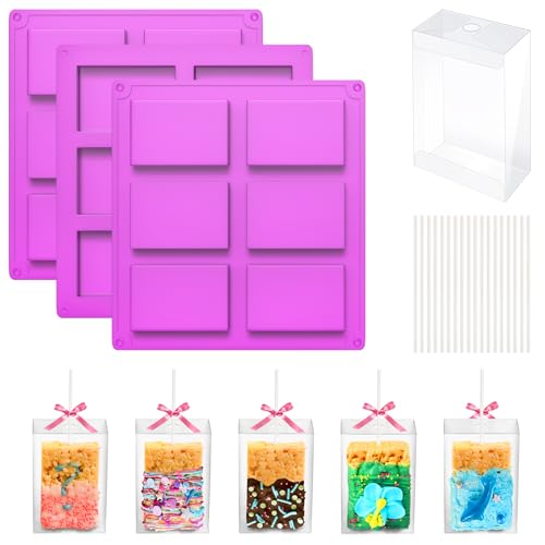 MGWOTH Rice Krispy Treats Making Set: 3PCS Silicone Crispy Cereal Bar Mold with 35 Clear Boxes & Cake Pop Sticks, Small Baking Container for Marshmallow, Christmas Chocolate Dessert Party Packaging