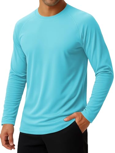 SMENG Mens Tops UPF 50+ UV Dri Fit Long Sleeve Elastic Gym T Shirt Round Neck Breathable Hiking Tshirts Light Blue M