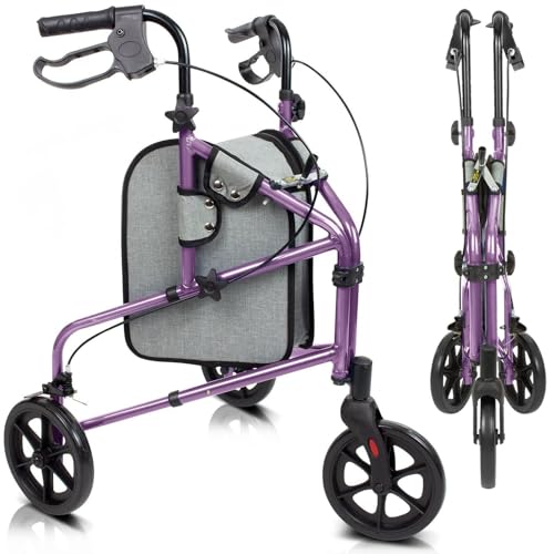 Vive Mobility 3 Wheel Walker - Three Wheeled Rollator for Seniors - Lightweight Foldable Narrow Heavy Duty - for Elderly Men Women - Folding 3-Wheel Tri Scooter with Basket Bag