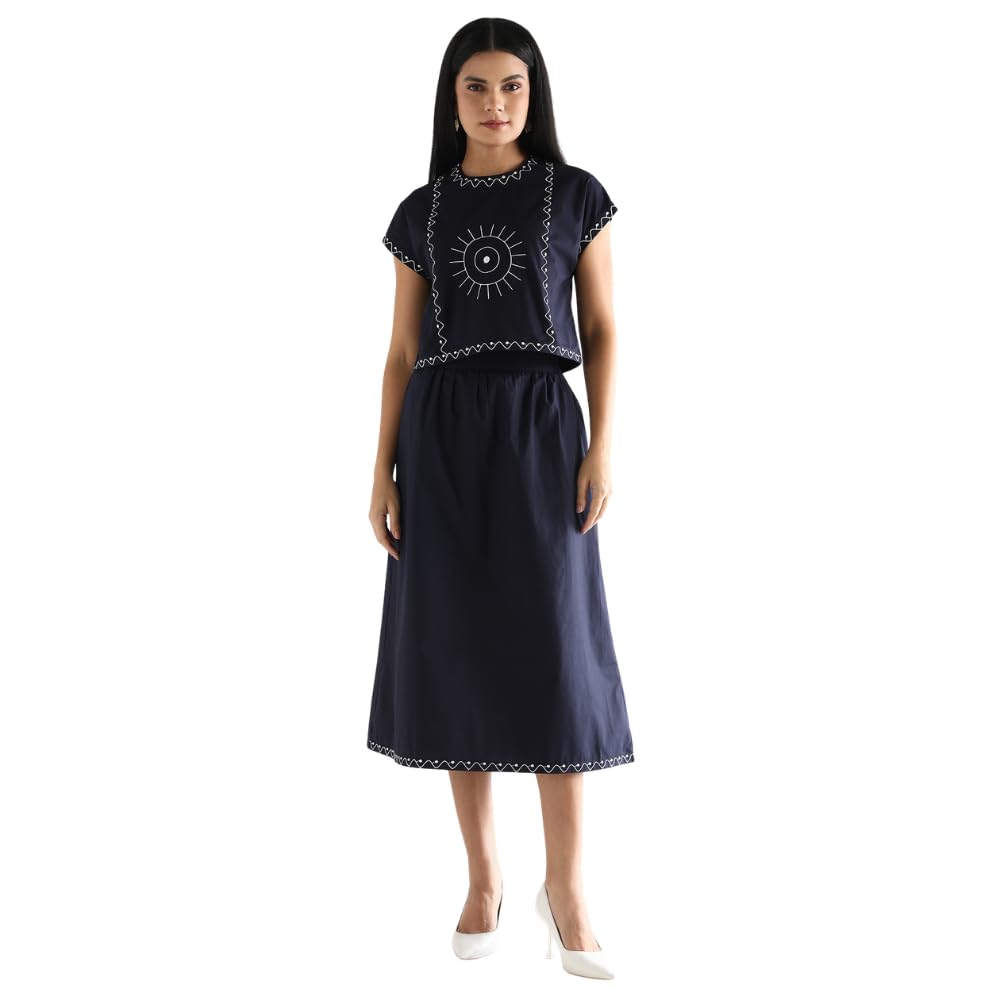 sands of india Women's Navy Blue Embroidered Mock-Neck Crop Top & Knotted Skirt Co-Ord Set | Two-Piece Matching Outfit-picture-26