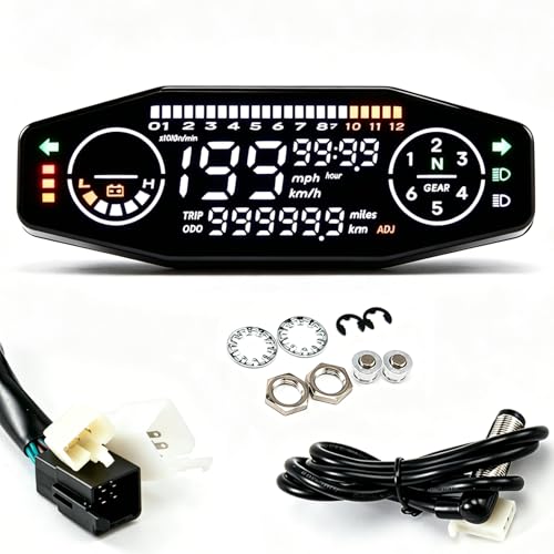 Compteur de vitesse universel pour moto APEBAZY avec rétroéclairage LED, compteur kilométrique numérique, capteur de vitesse et indicateur de rapport...
