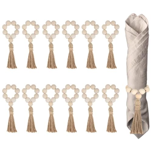 Qaautor 12 Pièces Ronds de en Perles de Bois Naturel avec Glands Porte-Serviettes pour Noël Ferme Mariage Maison Table Décor