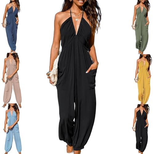 Image of Luvani Plunge Halter Jumpsuit,Halter Jumpsuit,Jogger Jumpsuits For Women,Luvani Sexy Jumpsuits For Women (Black,S)