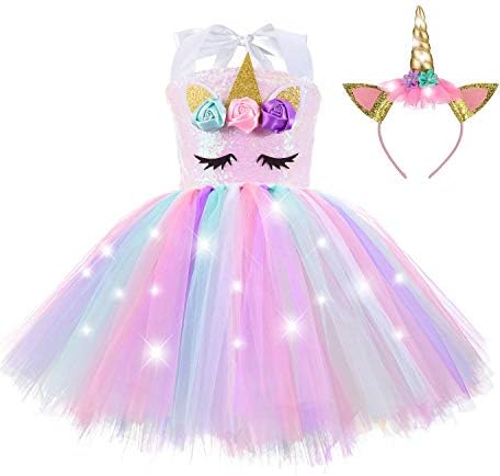 ZeroStage Sequin LED Lighted Unicorn Halloween Costumes for Girls Tutu Dress with Headband Birthday Outfits Gifts Party Decorations Recital Dance Princess Fairy Pink 7 - 8 Years Old