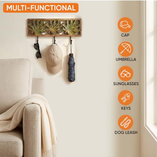 Image of AAKRITI ART CREATIONS Autumn Leaf Towel Hanger with Hooks | Rustic Wood Wall Organizer with 3 Hooks | Storage Shelf for Towels, Napkins, Cloths | Multifunctional Wall Decor Item