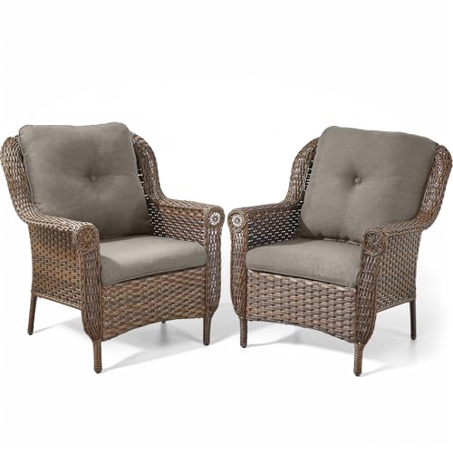 ACTREST Patio Wicker Chairs Outdoor Furniture Chair - Set of 2 Outside All Weather Lawn Dining Brown Rattan Armchair with High Back&Deep Seating for Deck Porch Balcony Backyard Garden - Grey