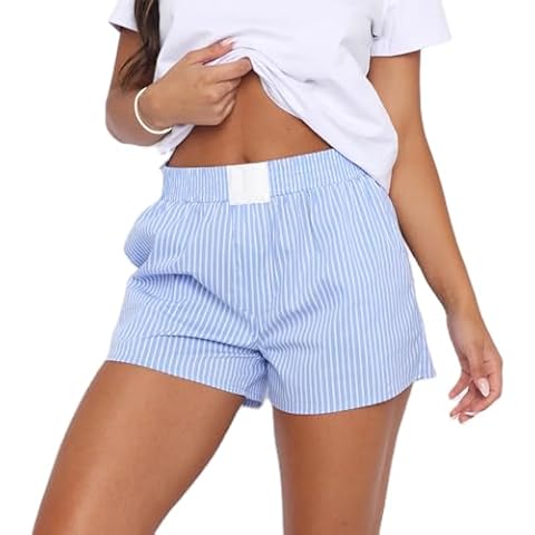 Women Y2k Pajamas Shorts Plaid Print Elastic Waist Shorts Low Waist Lounge Striped Summer Bottoms Streetwear(A-Blue,S) Cover