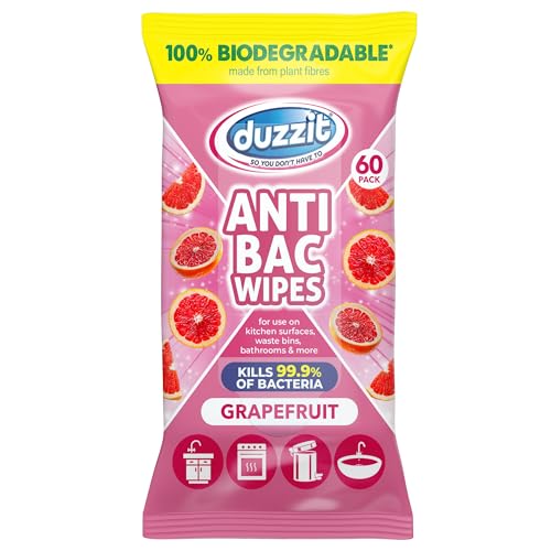 Duzzit Antibacterial Wipes - Kills 99.9% of Bacteria | 100% Biodegradable - Made From Plant Fibres | Anti Bac Wipe for Kitchen Surfaces, Waste Bins, Bathrooms & More (60 Wipes, Grapefruit)