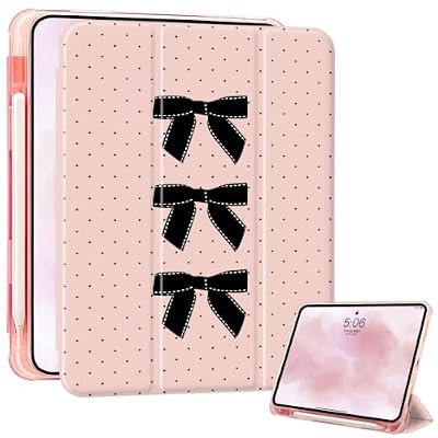 Polka Dot Bow Case for iPad Air 5th/4th Generation (2022/2020) 10.9 Inch Built-in Pencil Holder, Trifold Stand Cover Transparent Back Shell, Auto Wake/Sleep Protective Case,Pink