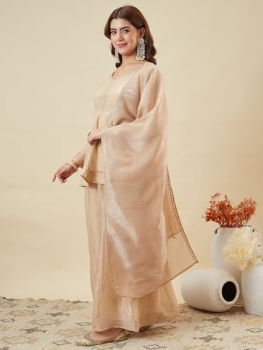 Image of MOKOSH Women's Silk Embroidery Peplum Kurta Sharara with Dupatta | Anarkali Kurta Set | Sweetheart Neck Full Sleeve Ethnic Suit | 3 Piece Outfit | Indian Kurta Outfit With Sharara