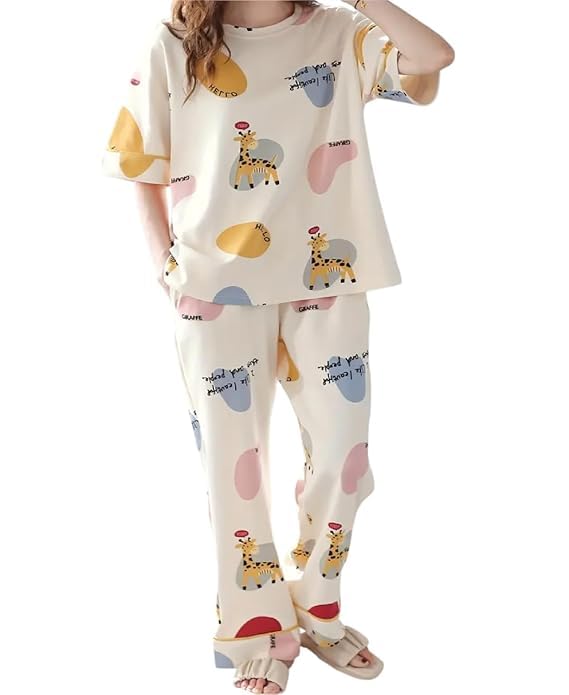 Image of Womens Night Dress Pajama Set Soft Stretchable Spandex Nightwear Night Suit Ladies Loungewear Sleepwear Two Piece Top and Pyjama Set for Women