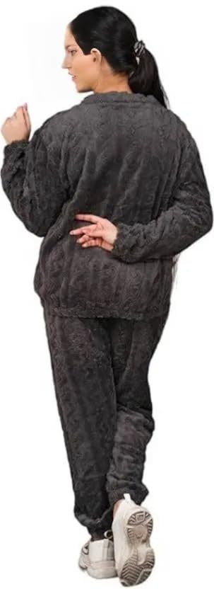 Image of Women's Fur Long Sleeve Nightsuit | Regular Fit Warm Top and Pyjama Set | Winter Wear Sweatpant Set for Women